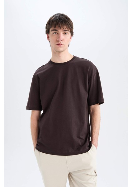 Oversize Geniş Kalıp Bisiklet Yaka Basic Düz Kısa Kollu Tişört E6885AXNS