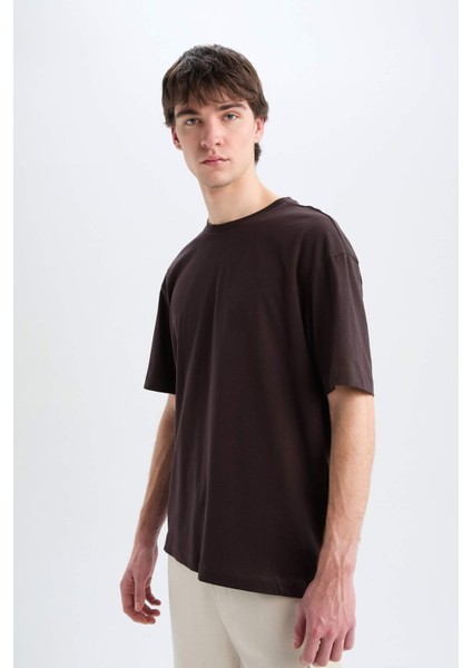 Oversize Geniş Kalıp Bisiklet Yaka Basic Düz Kısa Kollu Tişört E6885AXNS