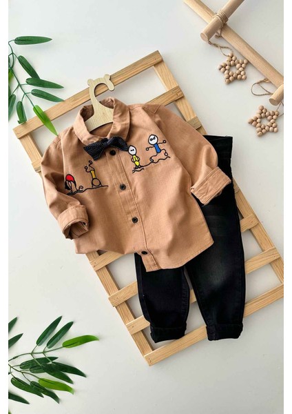Papyonlu Işleme Detaylı Erkek Bebe 2 Li takım - Kahve