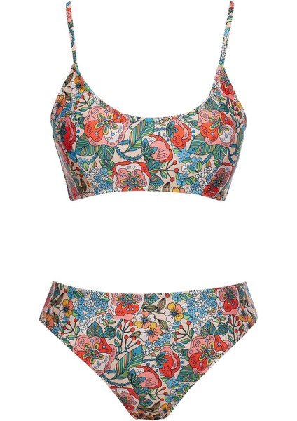 Yuvarlak Yaka Desenli Bikini Takım