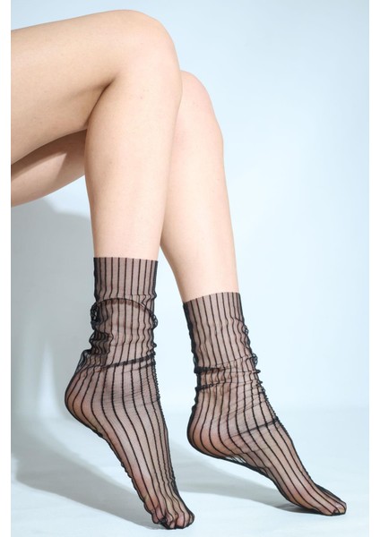 Tül Rib Soket Çorap Siyah