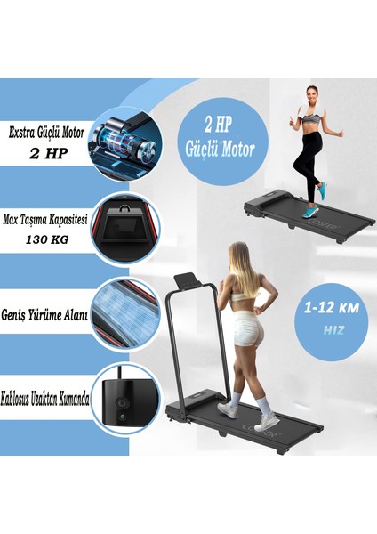 2 Hp Yürüyüş ve Koşu Bandı Katlanabilen 130 Kilo Taşıma Kapasiteli 1-12 Km Hız Kumandalı