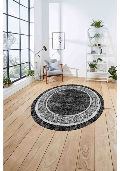 Çerçeveli Otantik Desen Detay Yıkanabilir Kaymaz Yuvarlak Salon Halısı, ÇERÇEVELİ-Y-115-ANTRASİT, fırsatları