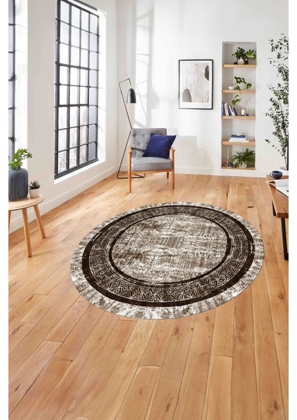 Çerçeveli Otantik Desen Detaylı Yıkanabilir Kaymaz Yuvarlak Salon Halısı, ÇERÇEVELİ-Y-115-KAHVE,