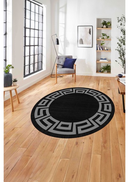 Çerçeveli Geometrik Kenar Detay Yıkanabilir Kaymaz Yuvarlak Salon Halısı, ÇERÇEVELİ-Y-116-SİYAH,