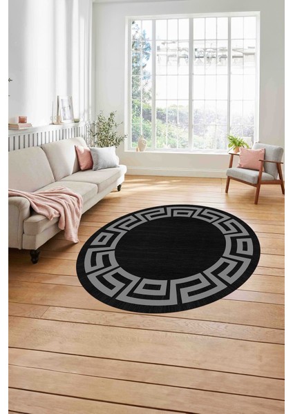 Çerçeveli Geometrik Kenar Detay Yıkanabilir Kaymaz Yuvarlak Salon Halısı, ÇERÇEVELİ-Y-116-SİYAH, modelleri