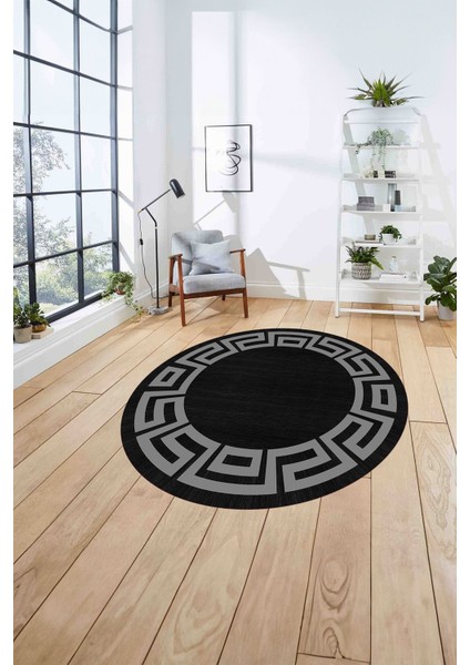 Çerçeveli Geometrik Kenar Detay Yıkanabilir Kaymaz Yuvarlak Salon Halısı, ÇERÇEVELİ-Y-116-SİYAH, fırsatları