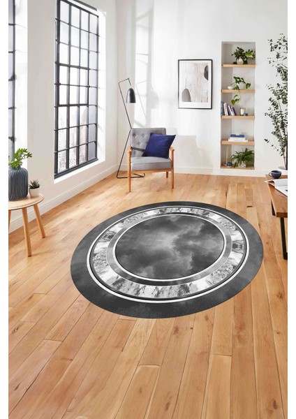 Çerçeveli Modern Dijital Baskılı Yıkanabilir Kaymaz Yuvarlak Salon Halısı, ÇERÇEVELİ-Y-117-GRİ,