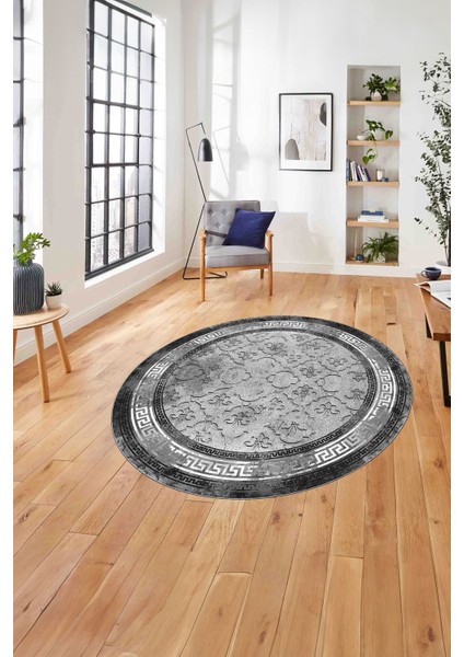 Çerçeveli Kupa Desenli Yıkanabilir Kaymaz Yuvarlak Salon Halısı, ÇERÇEVELİ-Y-118-GRİ,