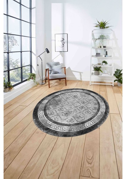 Çerçeveli Kupa Desenli Yıkanabilir Kaymaz Yuvarlak Salon Halısı, ÇERÇEVELİ-Y-118-GRİ, fırsatları