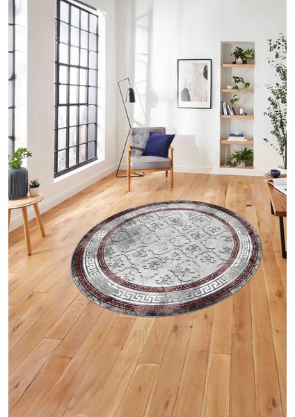 Çerçeveli Kupa Desenli Yıkanabilir Kaymaz Yuvarlak Salon Halısı, ÇERÇEVELİ-Y-118-KIRMIZI,