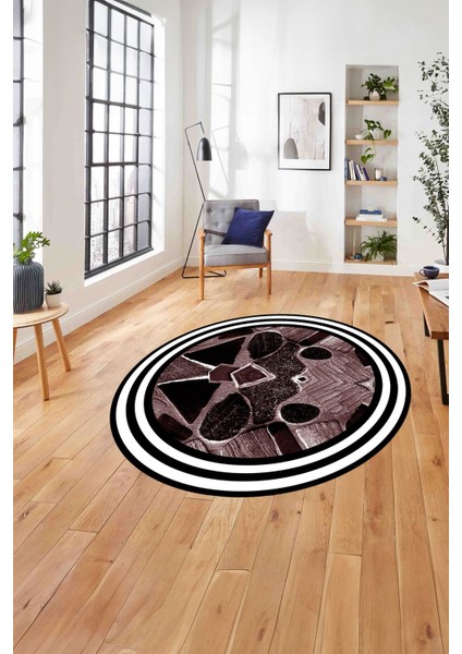Çerçeveli Mermer Görünümlü Yıkanabilir Kaymaz Yuvarlak Salon Halısı, ÇERÇEVELİ-Y-124-BORDO,