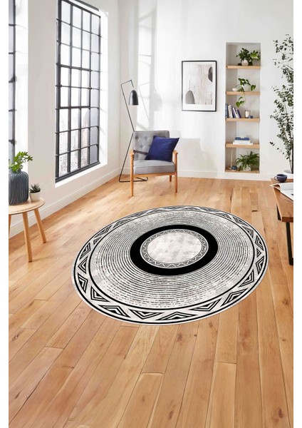 Çerçeveli Sade Görünümlü Yıkanabilir Kaymaz Yuvarlak Salon Halısı, ÇERÇEVELİ-Y-125-BEJ,