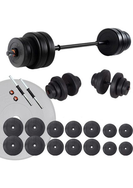 Vinyl spor ağırlık seti, 85 kg, siyah renk, dambıl ve halter içeriği
