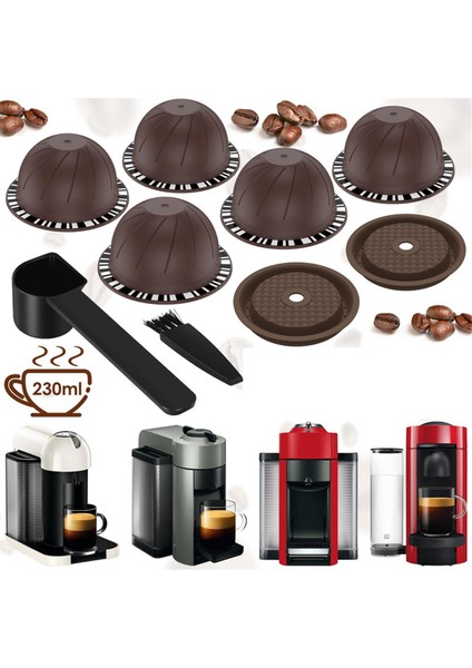 Nespresso Makinesi Için 5 Adet Tekrar Kullanılabilir Vertuo Pod, 2 Silikon Kapaklı Kahve Kapsülü, 1 Kaşık ve Fırça, (150 Ml) (Yurt Dışından)