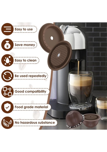 Nespresso Makinesi Için 5 Adet Tekrar Kullanılabilir Vertuo Pod, 2 Silikon Kapaklı Kahve Kapsülü, 1 Kaşık ve Fırça, (150 Ml) (Yurt Dışından)