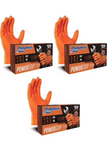 Powergrıp Ekstra Kalın Turuncu Nitril Eldiven (M) 50 Adet x 3 Paket