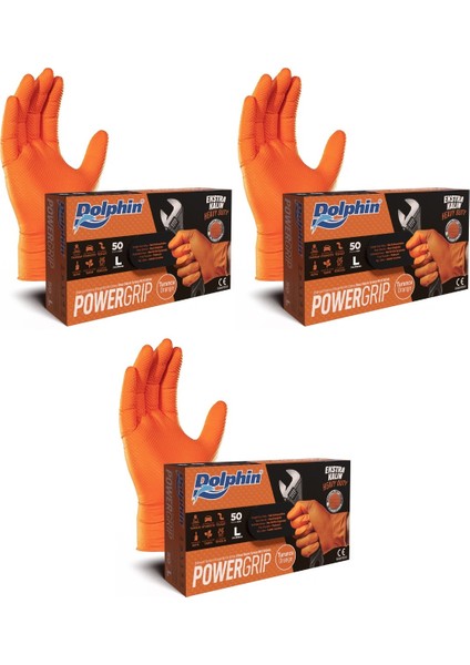 Powergrıp Ekstra Kalın Turuncu Nitril Eldiven (L) 50 Adet x 3 Paket