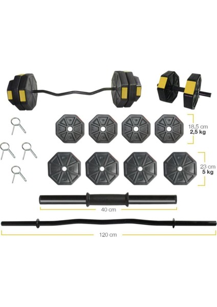 30 kg (150 Cm) Düz Bar Z Bar Dambıl-Dumbell-Ağırlık-Halter–full Set Sarı Kapaklı