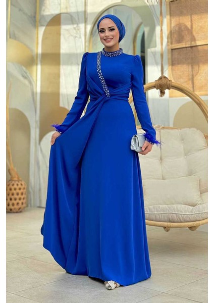 Taş ve Tüy Detaylı Abiye 7021 Saks