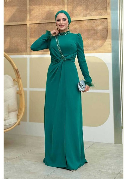 Taş ve Tüy Detaylı Abiye 7021 Zümrüt