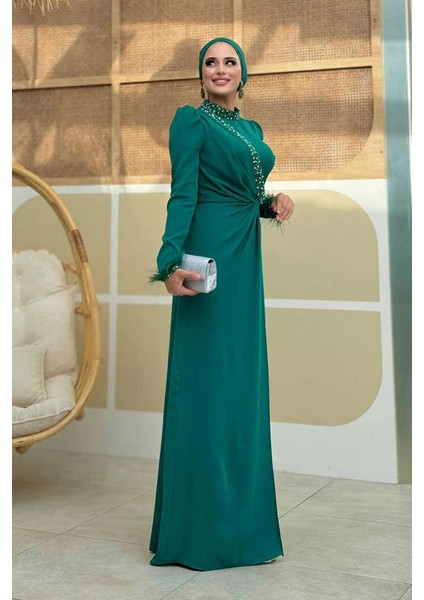 Taş ve Tüy Detaylı Abiye 7021 Zümrüt modelleri