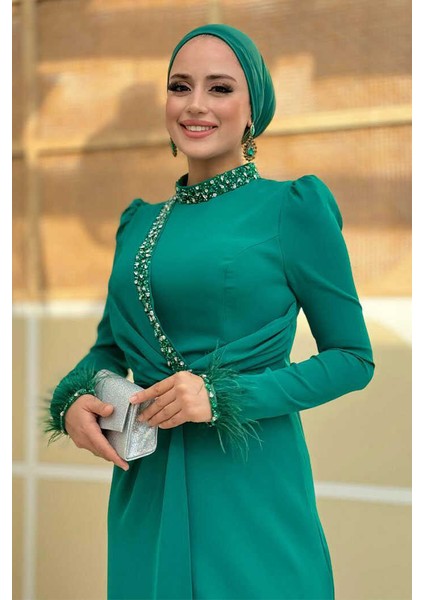 Taş ve Tüy Detaylı Abiye 7021 Zümrüt fırsatları