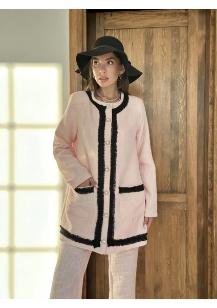 Pembe Siyah Şeritli Yakasız Ceket ve Pantolon Takım