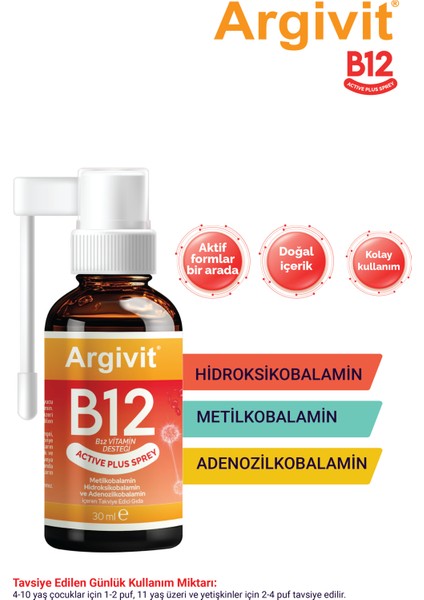 Active Plus B12 Vitamin Sprey 30 ml 3'lü Paket