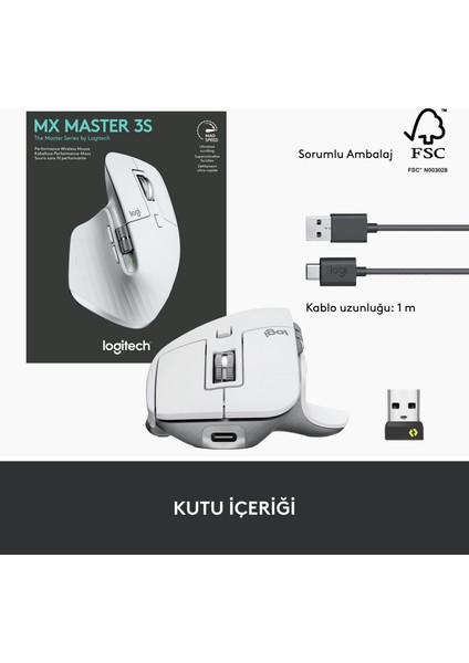 MX Master 3S Performans 8.000 DPI Optik Sensörlü Sessiz Kablosuz Mouse - Beyaz