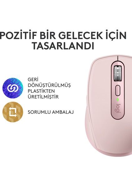 MX Anywhere 3S Kompakt 8000 DPI Optik Sensörlü Sessiz Bluetooth Kablosuz Mouse - Pembe