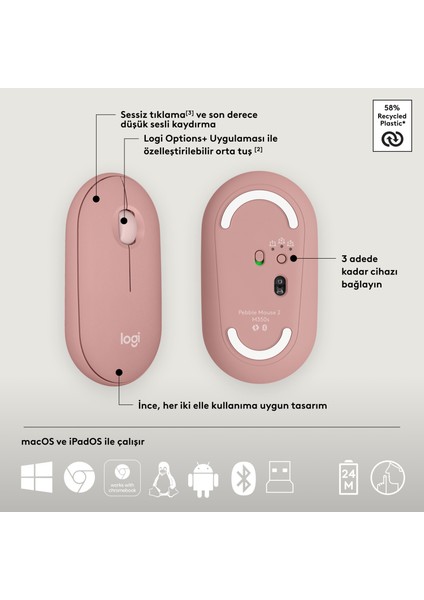 Pebble 2 Set Çoklu Cihaz Özellikli Sessiz Kablosuz Türkçe Q Klavye ve Mouse Seti - Pembe