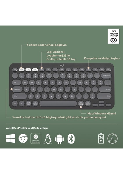 K380s Pebble Keys 2 Çoklu Cihaz Özellikli Bluetooth Türkçe Q Klavye - Siyah