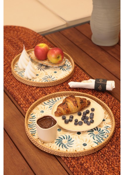 Meander Mavi Çiçekli Rattan 2 Li Tepsi 34 cm - 29 cm 5122