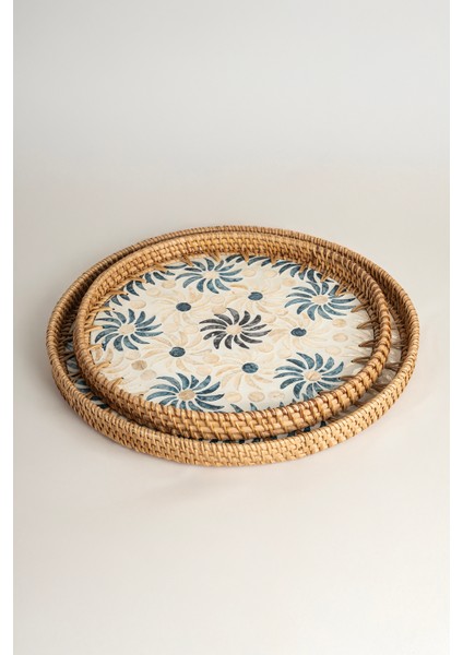 Meander Mavi Çiçekli Rattan 2 Li Tepsi 34 cm - 29 cm 5122 modelleri