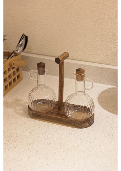 Root Ahşap Standlı 2li Cam Borosiklat Yağdanlık Seti 5406