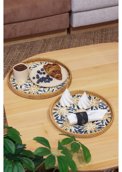Meander Mavi Krem Rattan 2 Li Tepsi 34 cm - 29 cm 5127