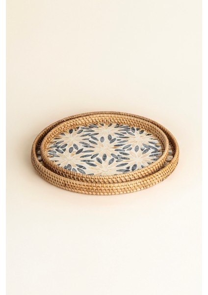 Meander Mavi Krem Rattan 2 Li Tepsi 34 cm - 29 cm 5127 modelleri