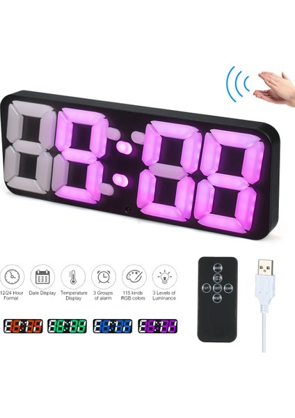 Kablosuz Ses Kontrollü Rgb LED Alarmlı 115 Renk 3 Seviye Parlaklık USB Masa Saati Siyah (Yurt Dışından)