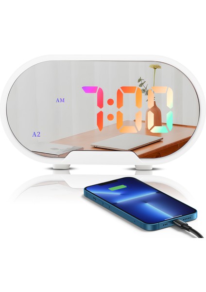 13,9 cm Rgb LED Aynalı Çift USB Portlu Çalar Saat - Ev & Yatak Odası (Yurt Dışından)
