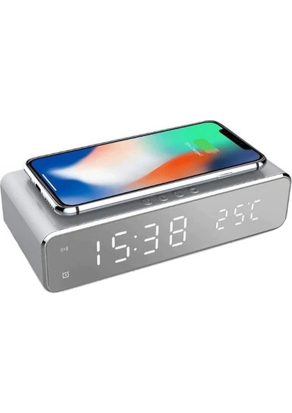 Gümüş Kablosuz Şarj LED Alarmlı Masaüstü Saati (Yurt Dışından)