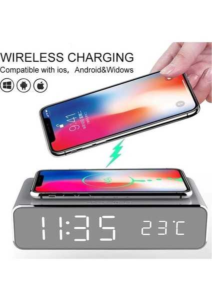 Gümüş Kablosuz Şarj LED Alarmlı Masaüstü Saati (Yurt Dışından) fiyatları