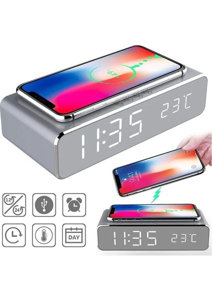 Gümüş Kablosuz Şarj LED Alarmlı Masaüstü Saati (Yurt Dışından) indirimleri