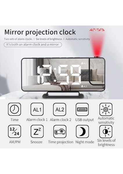 LED Aynalı Çalar Saat - Tavan Prktörlü, 6 Seviye Parlaklık ve Şekerleme (Yurt Dışından) fırsatları