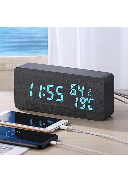Ahşap Masa Saati Siyah LED Ekran, Ses Kontrolü ve 2 USB Port (Yurt Dışından) fiyatları