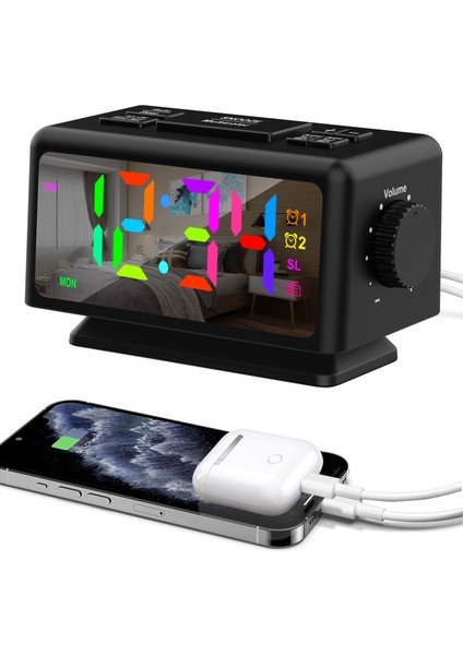 Dijital Çalar Saat 7 Renk Değiştirilebilir Ayarlanabilir LED Ekran Çift USB (Yurt Dışından)