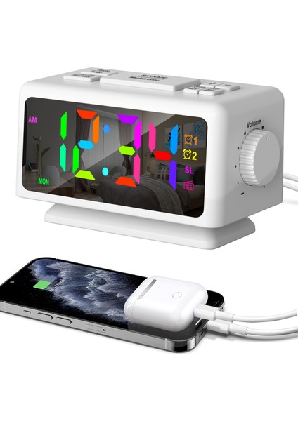 Dijital Çalar Saat 7 Renkli Ayarlanabilir Led, Çift Alarm USB Radyo (Yurt Dışından)