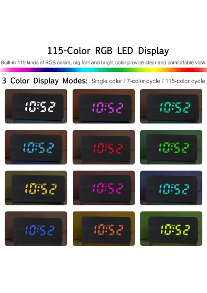 115 Renkli Rgb LED Ses Kontrollü Çalar Saat Zaman ve Sıcaklık Göstergeli Siyah (Yurt Dışından) indirimleri
