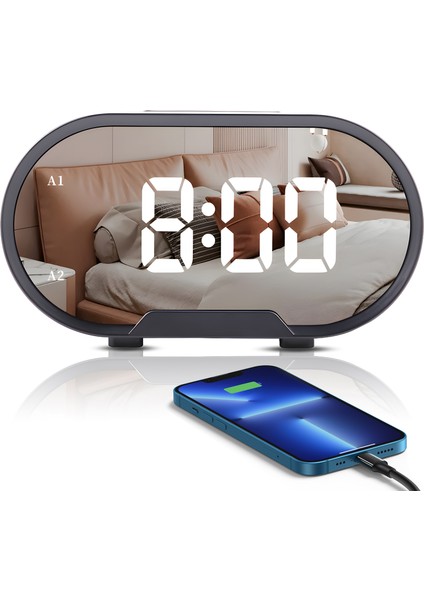 55 Inç LED Aynalı Alarm Saati Çift Usb, Parlaklık Ayarlı Yüksek Sesli Yatak Odası Dekoru (Yurt Dışından)