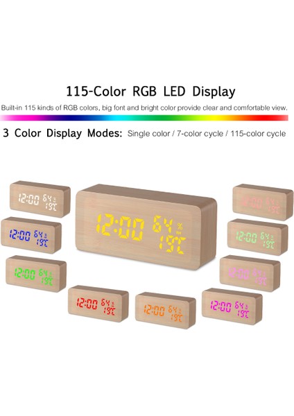 Ahşap Çalar Saat: LED Ekran, Ses Kontrolü, Sıcaklık ve Nem Göstergeli (Yurt Dışından) modelleri